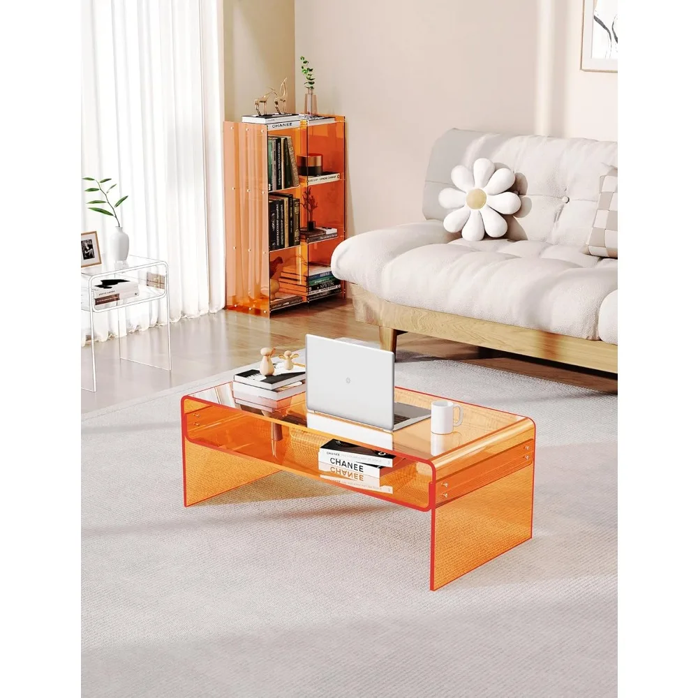 Acrylic Coffee Table for Living Room Clear Rectangle Lucite Table with Open Storage Shelf,  Modern and sleek designOrange