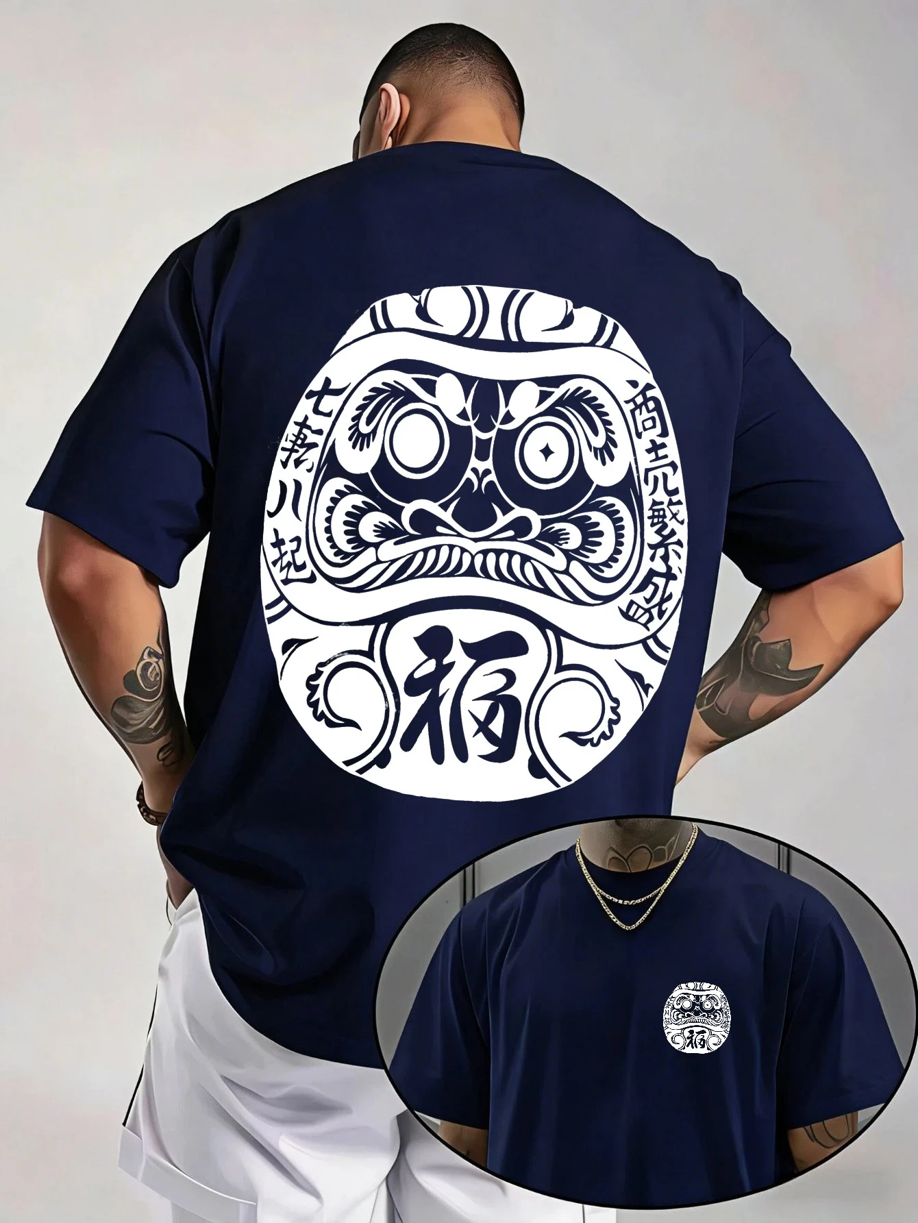 Herren-T-Shirt mit traditionellem japanischen Daruma-Masken-Design, schwarz, lässige Streetwear, Sommerkleidung – Detail 3