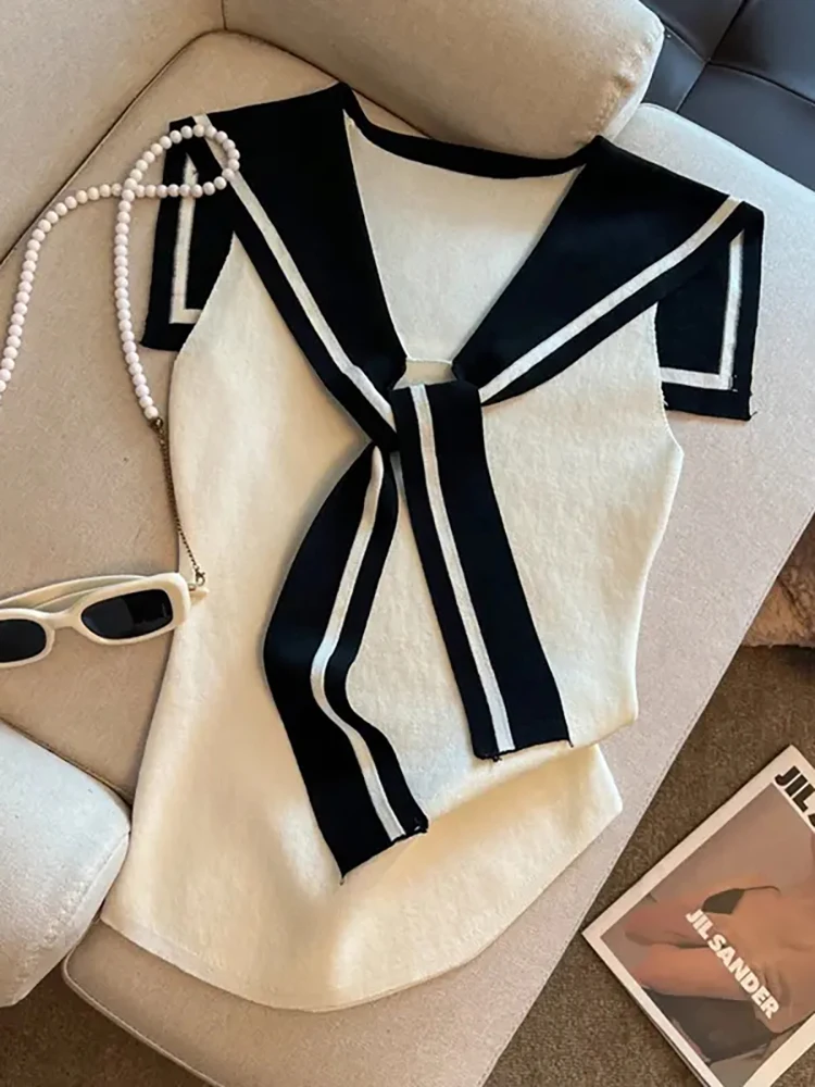 

Loneddiar Ice Silk вязаный топ женский летний новый дизайн с темно-синим воротником Agel облегающий жилет Svel верхняя одежда корейский сле