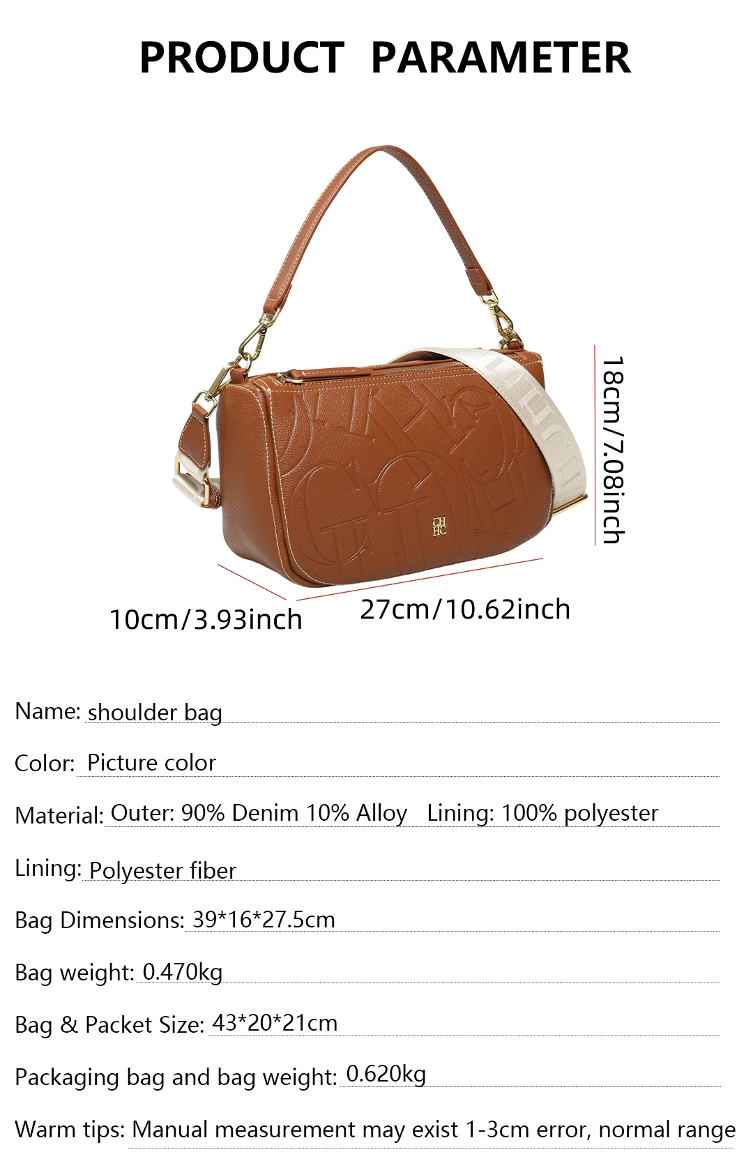 CH Damen Vintage Geprägte Buchstaben-Unterarmtasche 2-Riemen-Design Schulterhandtasche Abnehmbarer Breiter Riemen Crossbody-Tasche – Detail 11