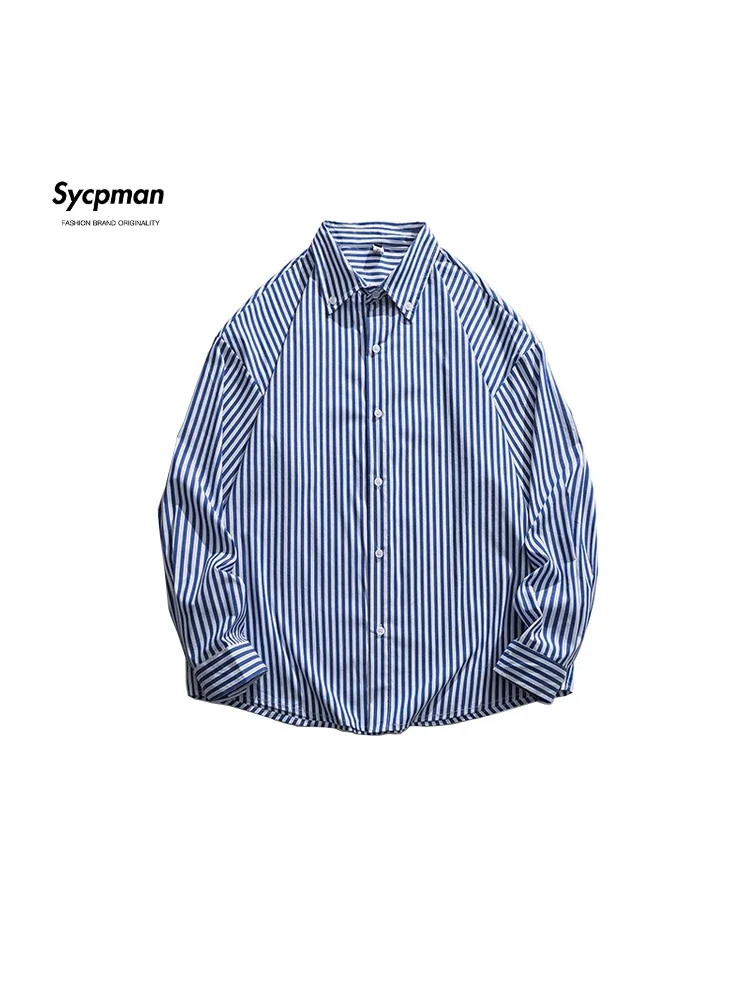 Sycpman Japan Style Vintage Vertical Stripe Solid Long Sleeve Shirts for Men Fashion Streetwear Loose Couple Casual Shirt Coat