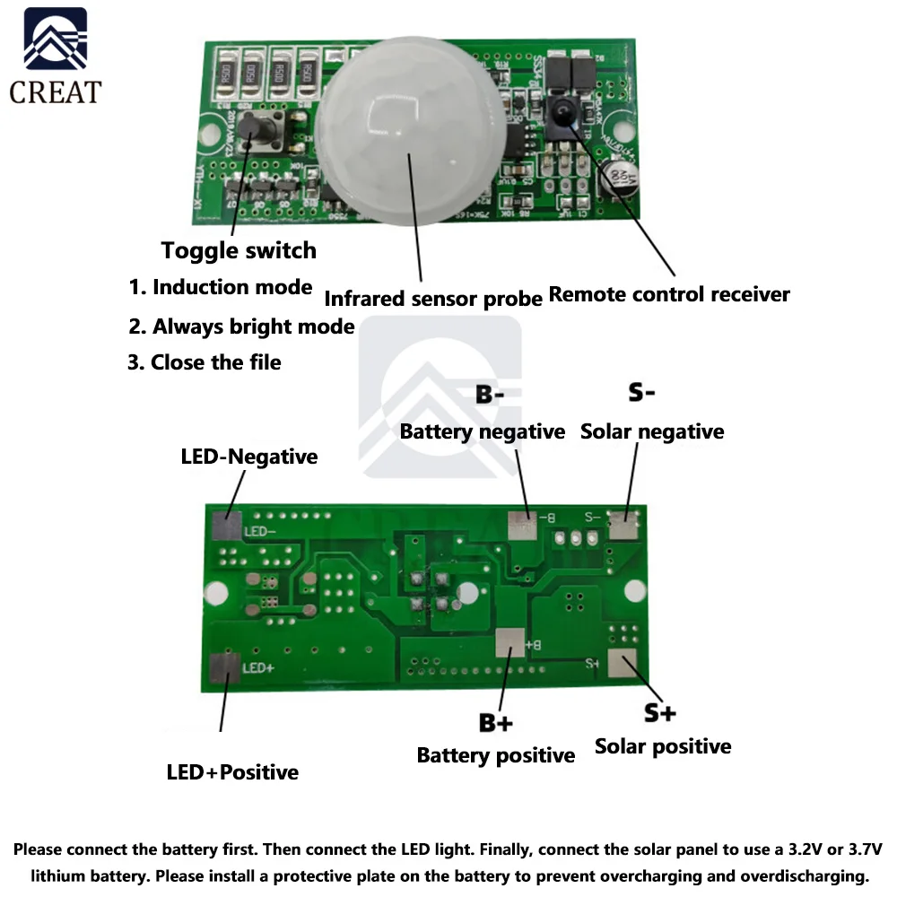 3.2V 3.7V Remote Control + Human Body Induction Solar Light Circuit Board PIR Solar Integrated Street Light Control Board