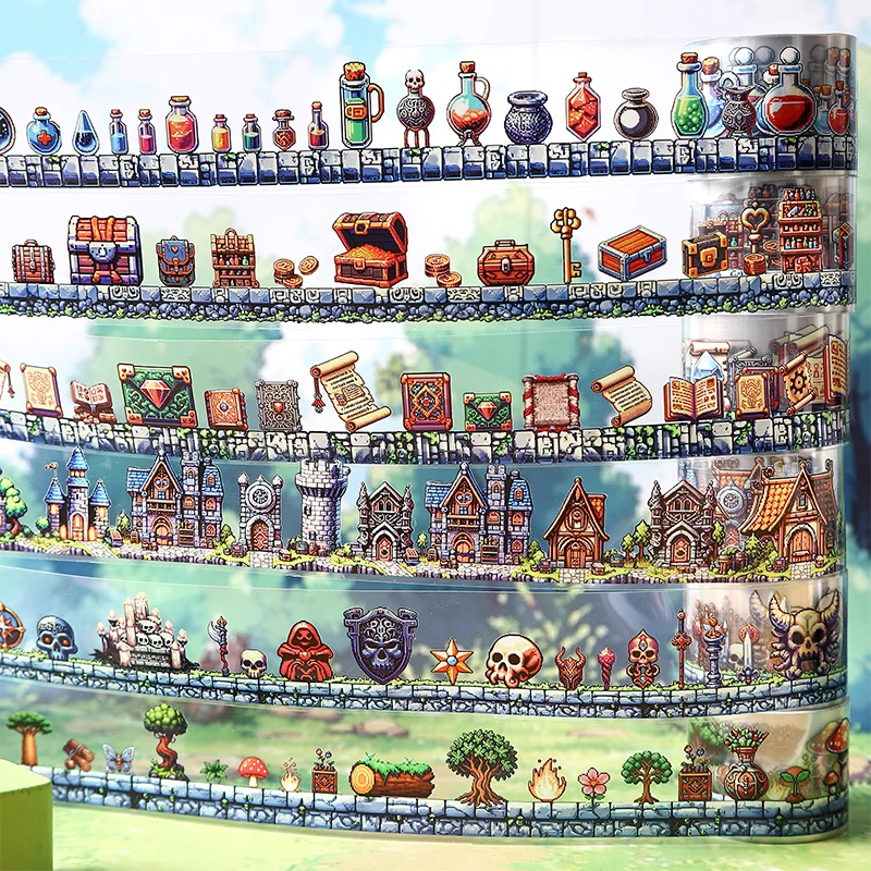 Journal GO 3x200cm Adventure Game Risk Washi Tape Retro Pixel Art Castle Decorative Tape Stickers for Scrapbooking Journal diy