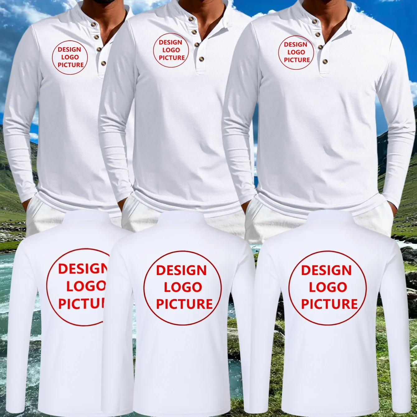 3-piece set of customizable logo men's Henley long-sleeve Polo shirts, front and back printable, half-button stand collar, team