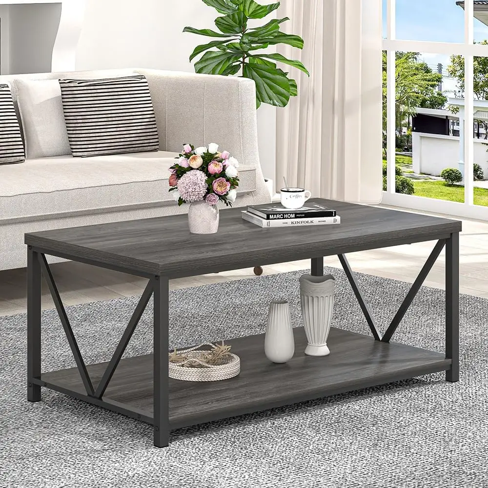 طاولة قهوة مع مساحة تخزين، طاولات مركزية صغيرة حديثة للمساحات الصغيرة، طاولة كوكتيل من الخشب الريفي والمعدن لغرفة المعيشة، 3 #3