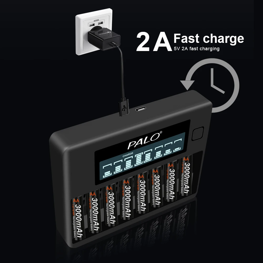 PALO 8 Slots 1.2V AA AAA Battery Charger LCD Smart USB Fast Charger For 1.2V AA AAA 2A 3A NI-MH NI-CD Rechargeable Battery