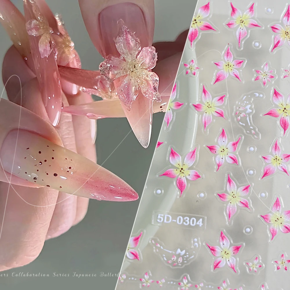 6Pcs 5D Embossed Lily Flowers Acrylic Nail Stickers Pink/Purple/Blue/Green Petals Nail Charms Art Decoration Self Adhesive Decal