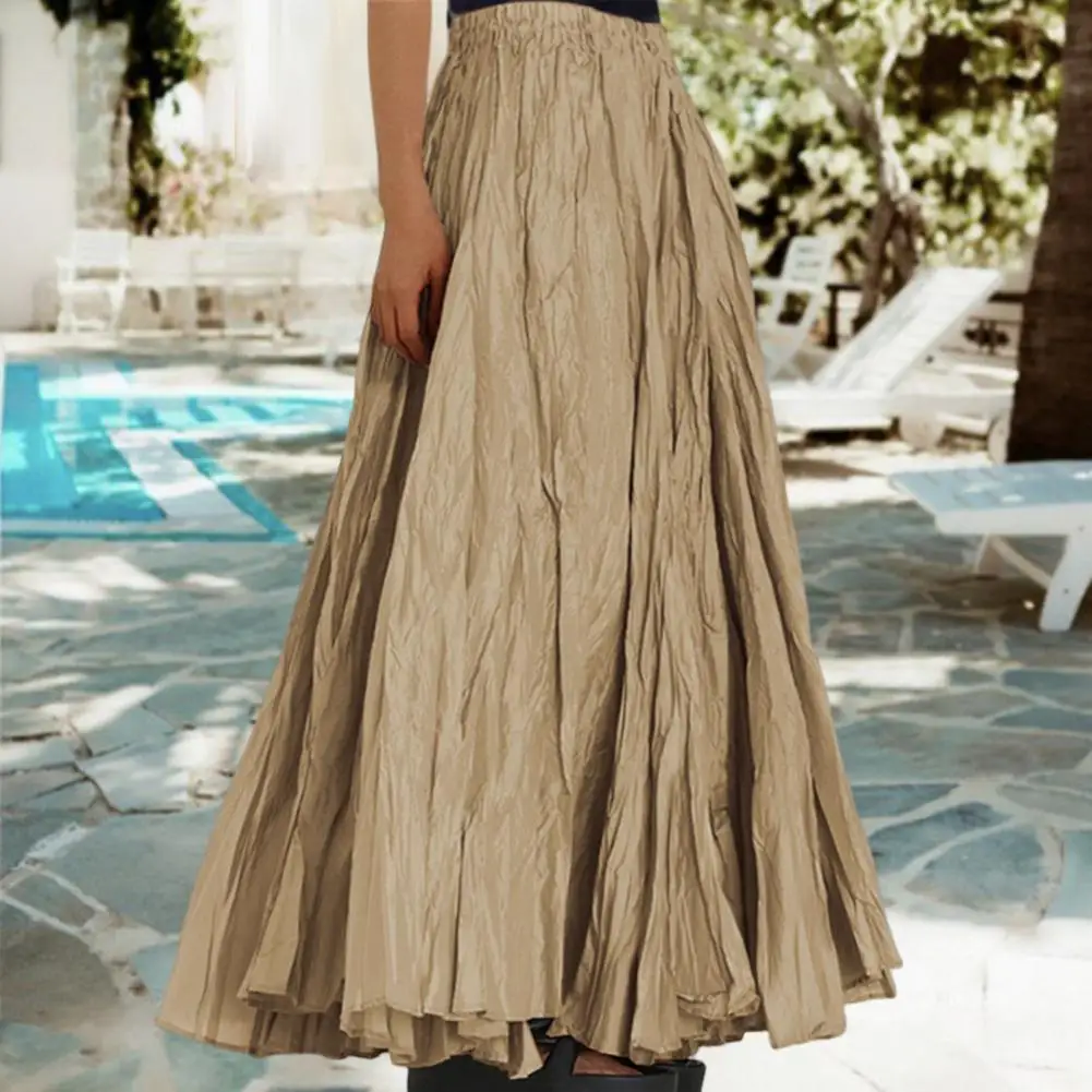 

Hem Long Skirt Elegant High Waist Pleated Maxi Skirt for Women Solid Color A-line Ankle-length Skirt with Hem Stylish for Work