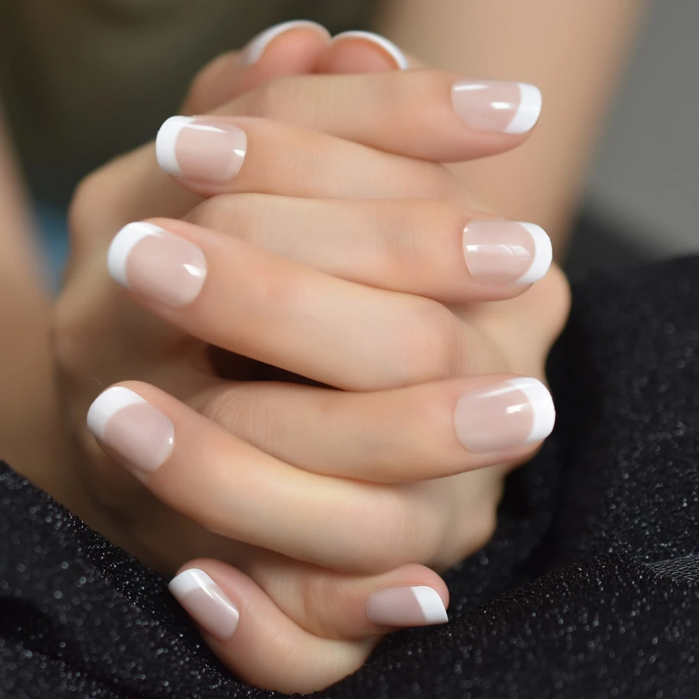 Classical Normal Size French Nail Nude White Tip Glossy Press On Fingernals for daily with glue sticker 24