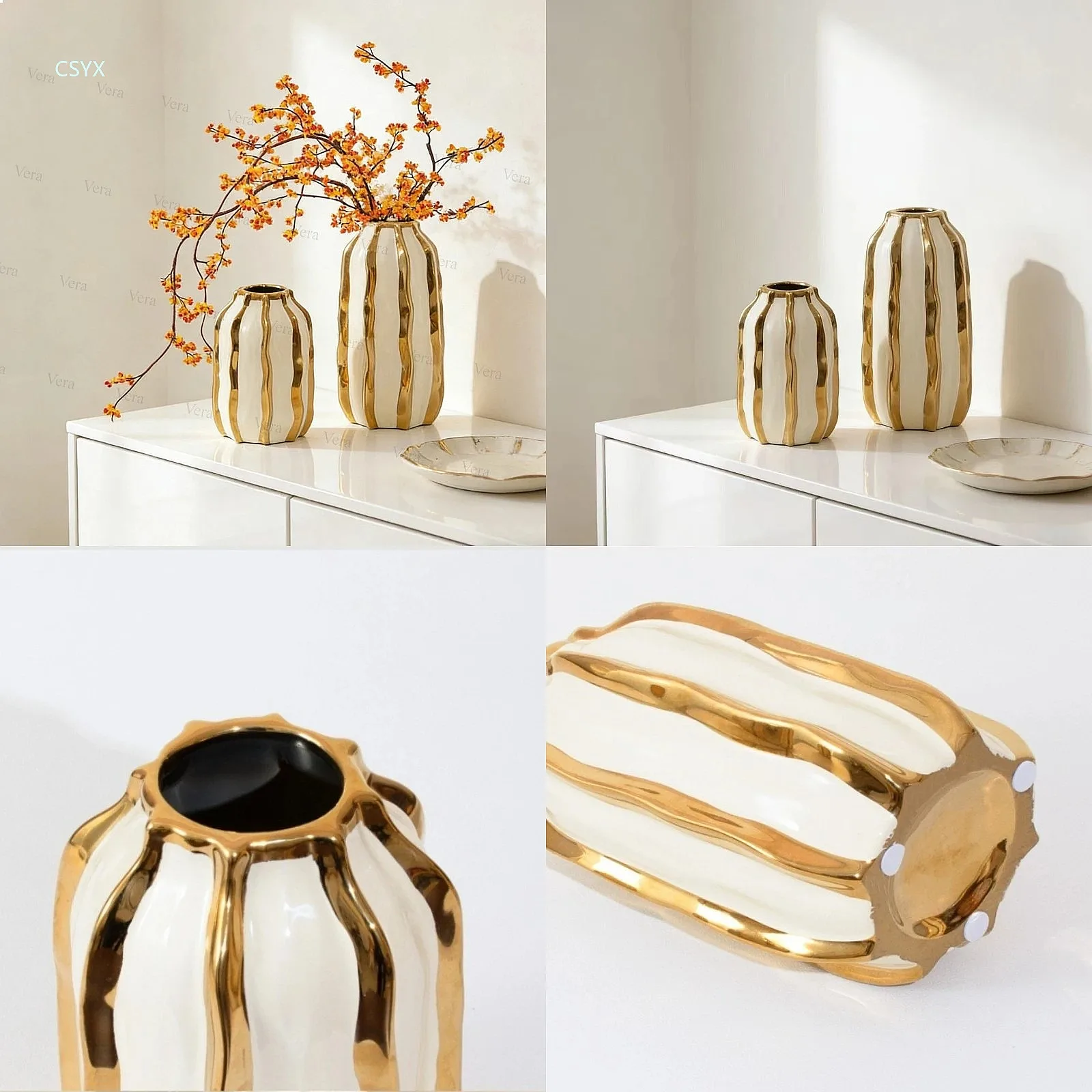 Ceramic Electroplated Vase Light Luxury Ornament Hydroponic Flower Living Room Decoration High Aesthetic Ornaments Vase