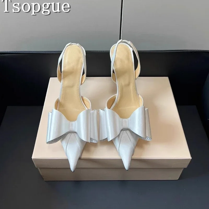 

Luxury Silk Rhinestones Bow Women Pumps Brand Design Shallow Pointed Toe High Heels Shoes Fashion Party Wedding Dress Stilettos
