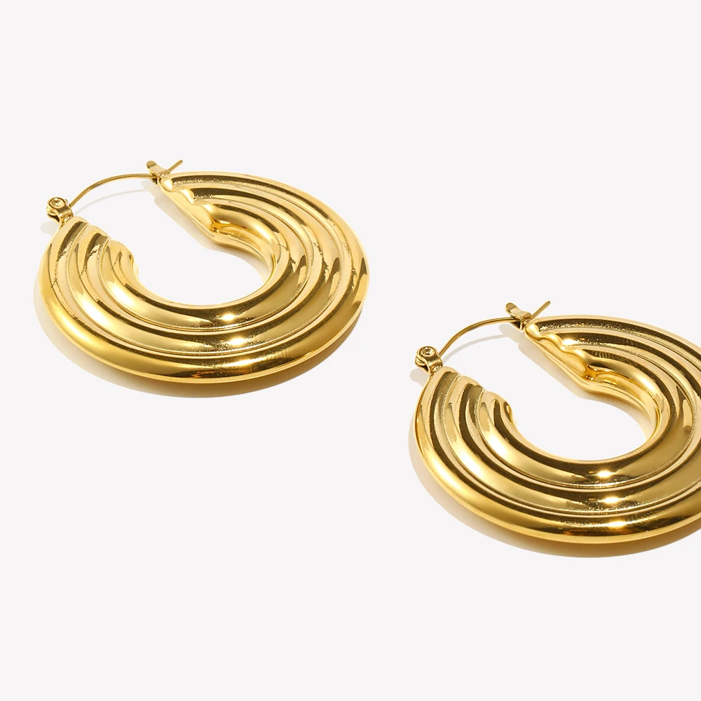 E.B.belle Large Big Textured Concentric Circles Hollow Hoop Earrings Gold Plated Silver Color Stainless Steel Earrings For Party