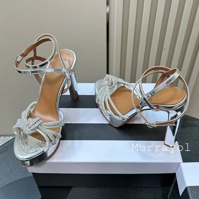 جديد حجر الراين ديكور منصة مقاومة للماء Sandalias النساء جلد طبيعي هايت الكعب الصنادل الصيف فستان الحفلات أحذية مضخات