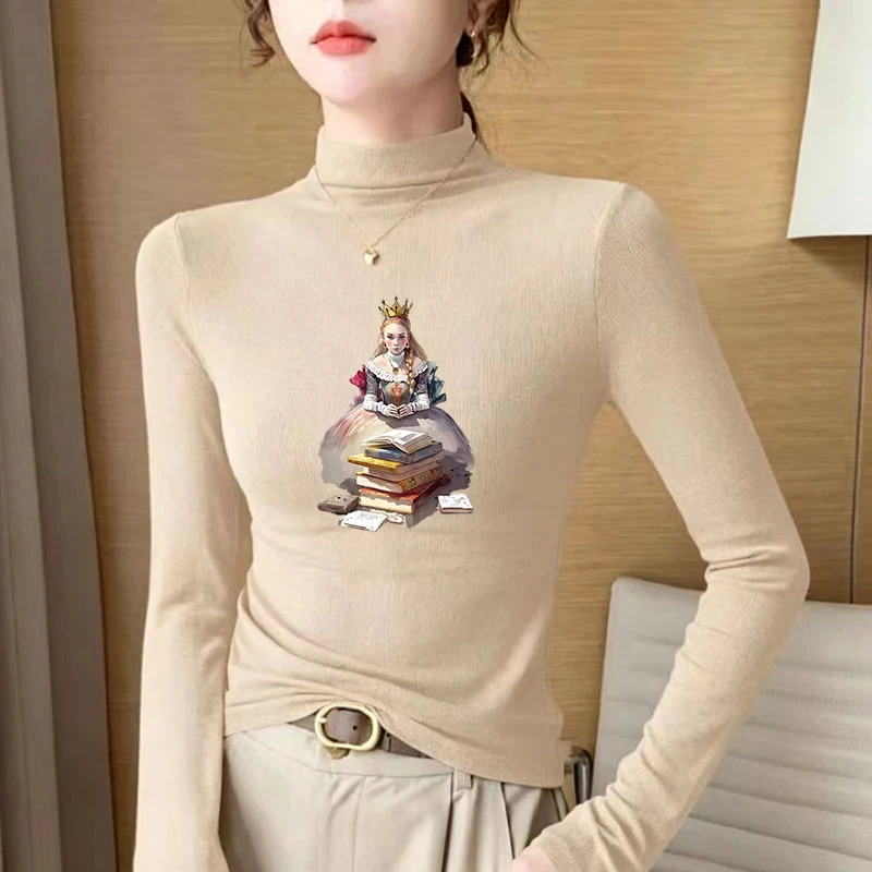 Winter Women's Thermal Brushed Fleece Half Mock Neck Long Sleeve T Shirt Princess Crown Books Graphic Warm Tee
