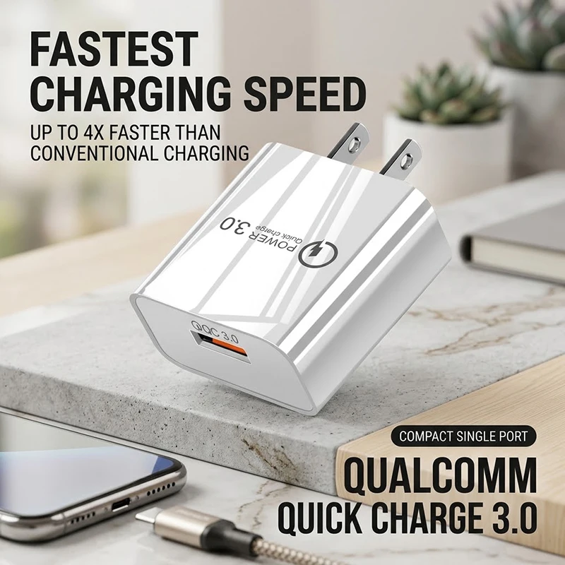 Fast Charger 18W QC3.0 USB Power Adapter Compact Wall Plug With Over-Voltage Protection For iPhone 17 16 15 Pro Max For Samsung