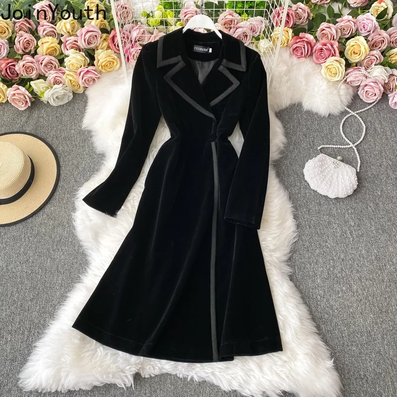 Fall Winter Clothing Temperament Long Trench Slim Waist Tunic Coats Thicked Velvet Vintage Korean Jackets Winterjas Dames 2024