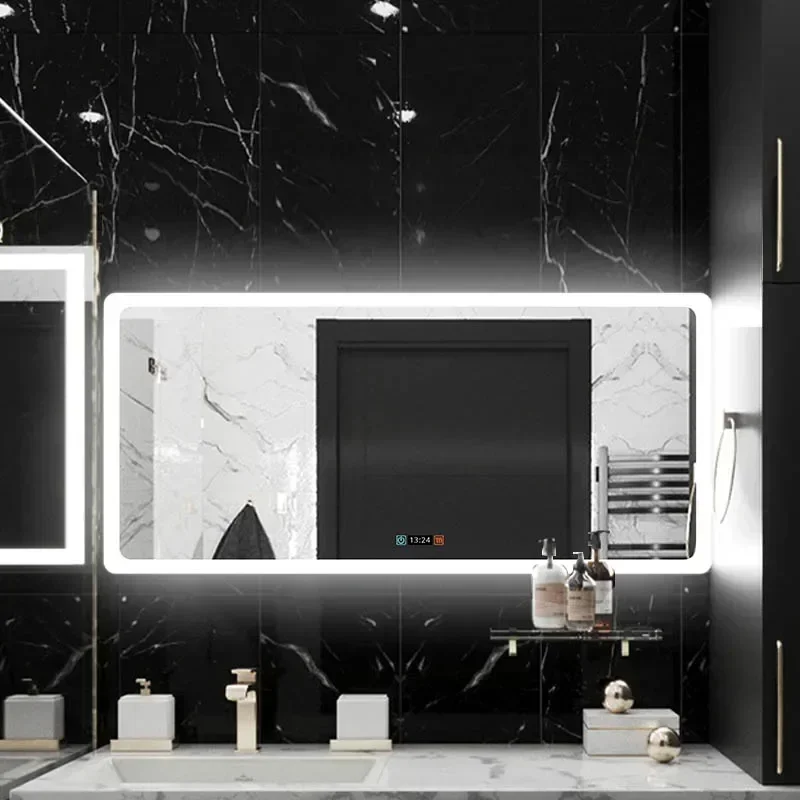 Cheap And Fine Modern Style Rectangular Time Display Mirror Bathroom Customized LED Backlit Defogger Smart MirrorHot Sales