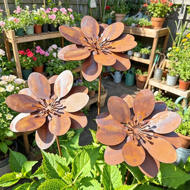 Rustic Iron Flower Stake 3D Floral Yard Ornament Garden Pick Outdoor Lawn Patio Decorative Art Crafts