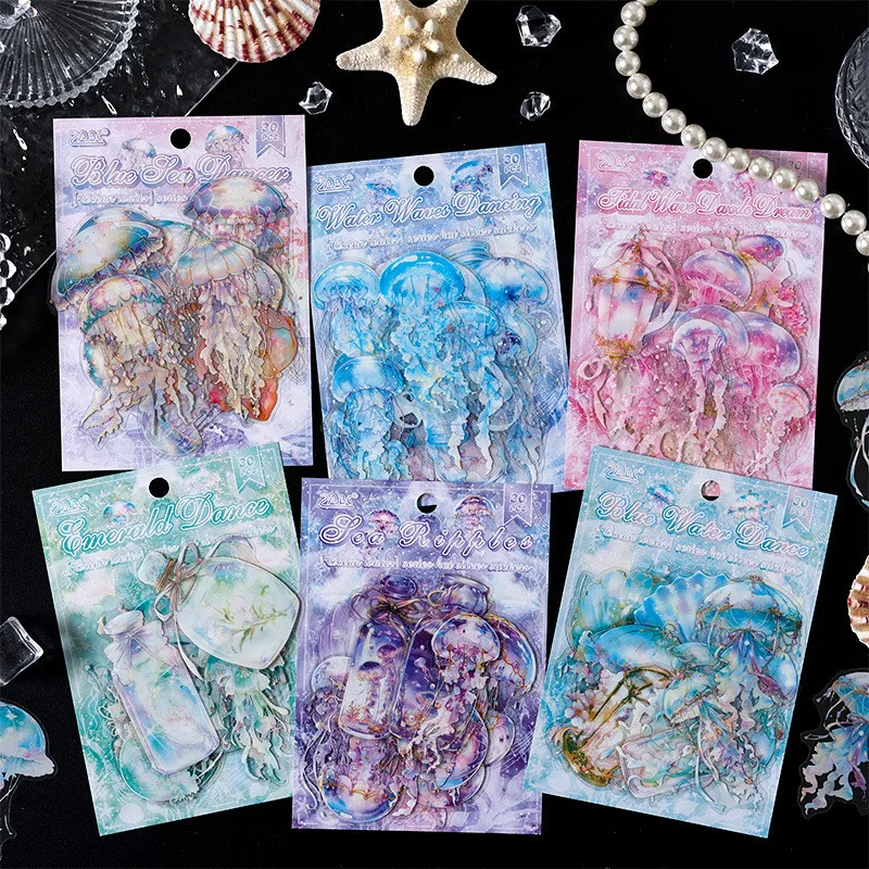 30PCS Jellyfish Sticker Package PET Sticker PET Materials DIY Scrapbooking Collage Stationery Decor Junk Journal Sticker