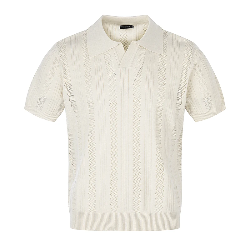 

Vintage Old Money Style Summer Tee Knitted Short Sleeve Men's T-shirt American Casual Turn Down Collar Pullover Tops