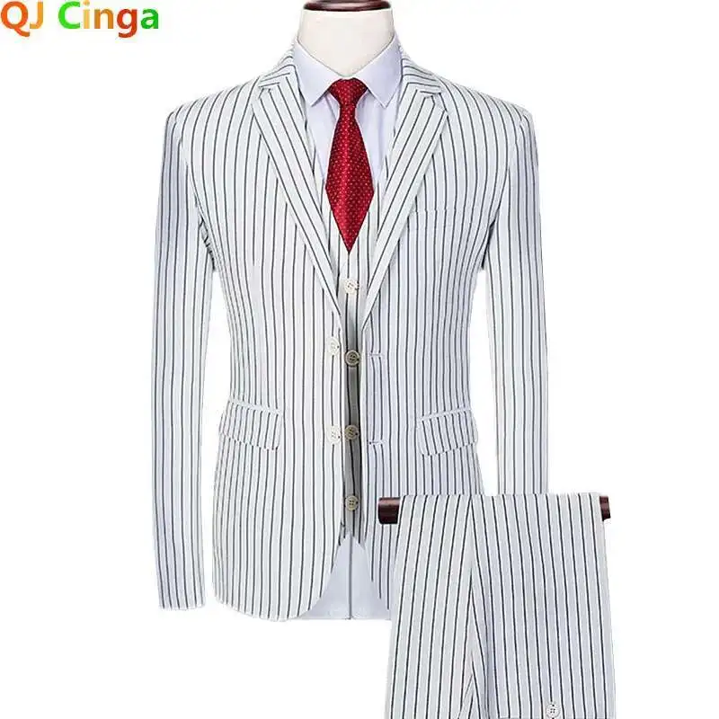 

QJ CINGA Men's Striped Three-Piece, Wedding Business Men Sets, White Blue Black Terno Masculino Plus Size Costume Homme