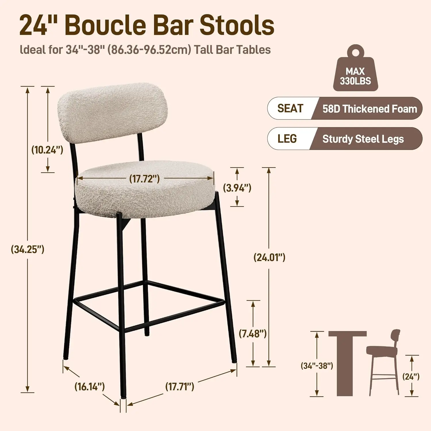 24'' Bar Stools Set Of 2, Boucle Counter Height Bar Stools Modern Barstools Counter Stools With 4'' Thick Round Seat Tall Metal