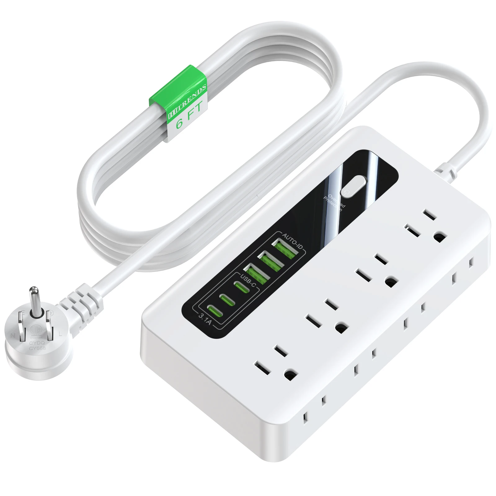 HITRENDS Flat Plug Power Board with 8 AC outlets 3 USB A and 3 Type C, Mulit-Socket Surge Protector, 2M extension cable