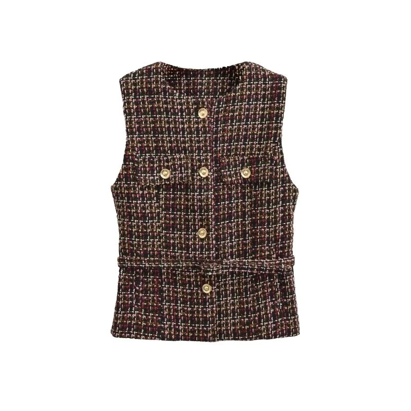 

Elegant Plaid Tweed Sleeveless Vest for Women, Crew Neck Button Down Waistcoat with Metal Buttons, Spring Casual Outerwear