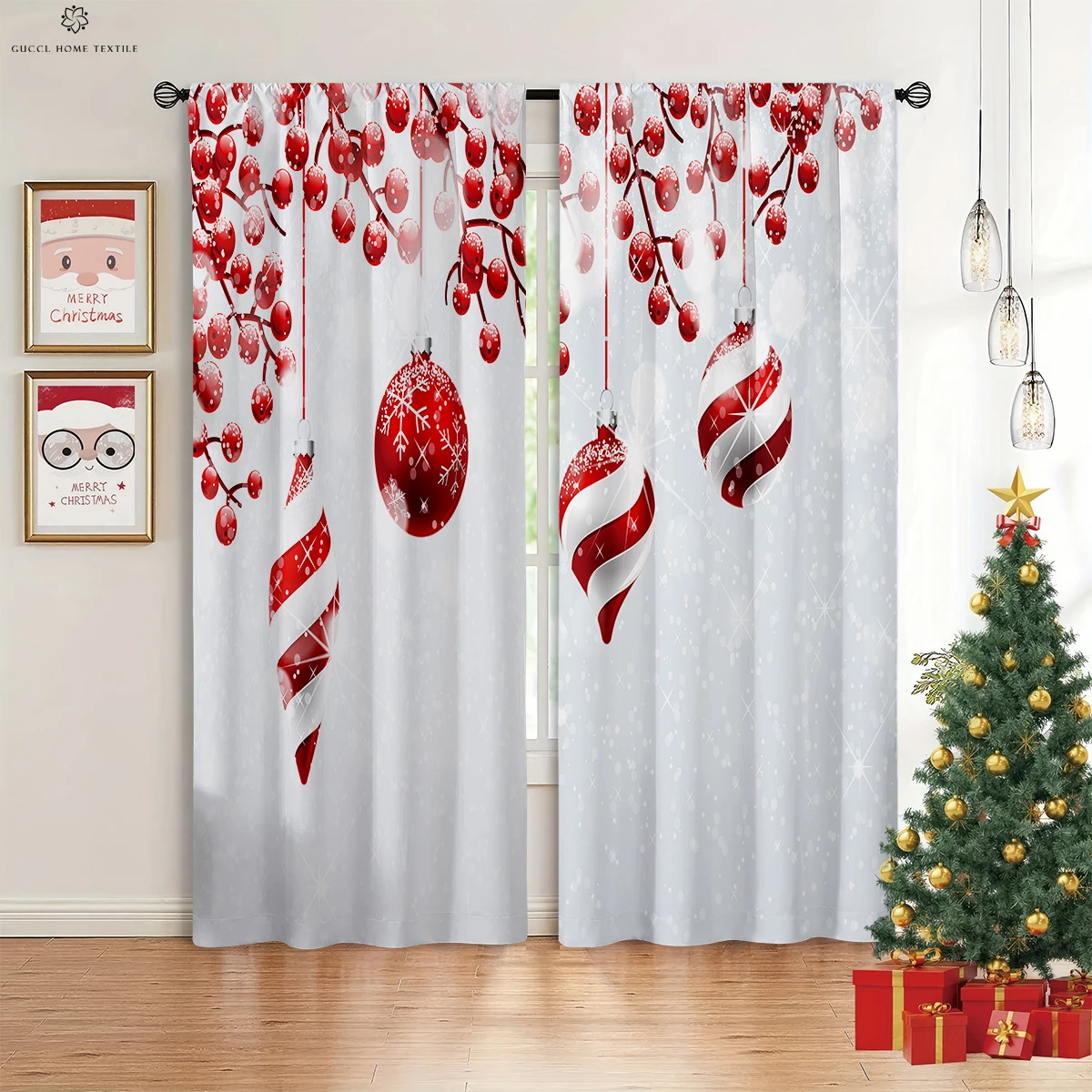 

Christmas Ball Snowman Gift Decoration Printed Curtains Suitable For Bedroom Living Room Kitchen Curtain Home Textile 2PCS