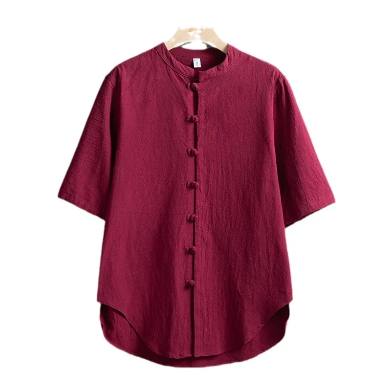Camicia a maniche corte in stile cinese per uomo Hanfu in lino di cotone retrò con chiusura a bottoni tradizionale orientale Abito Kung Fu CN-195