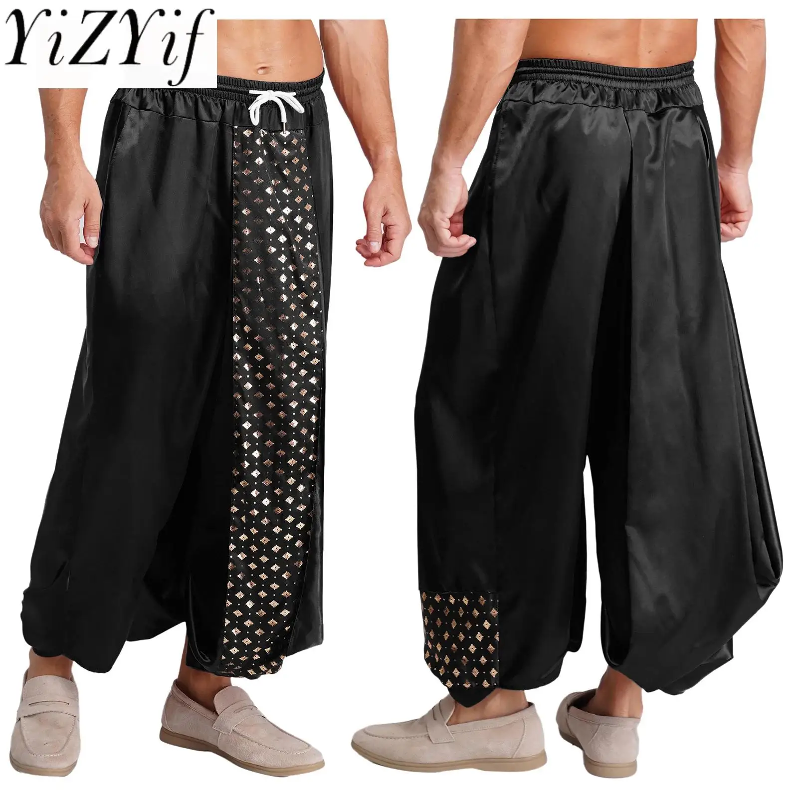 

Halloween Satiny Indian Arabic Role Play Dhoti Pants Men's Loose Lantern Harem Pants Traditional Thai Trousers for Party Travel