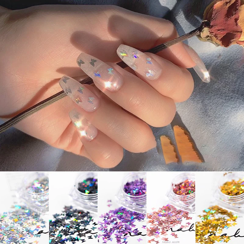 1 Box Holographic Laser Silver Nail Art Charms Glitter Flakes Butterfly Sequins Nails Accessories Nail Decoration Manicure Salon