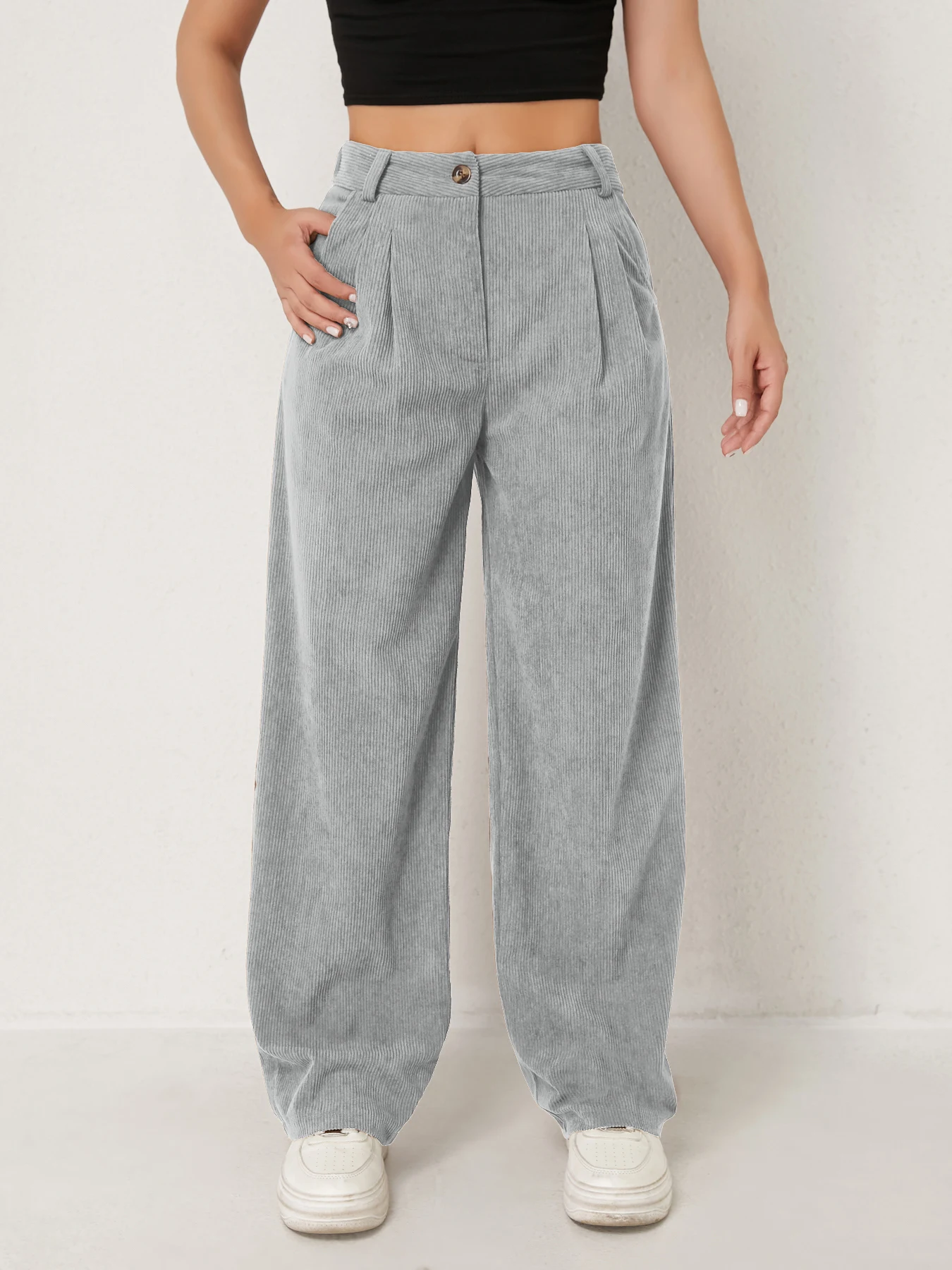Neue Herbst- und Winter-Freizeitanzüge für Damen in Unifarben aus Cord mit weitem Bein und geraden, samtartigen Hosen, die schlank aussehen – Detail 10