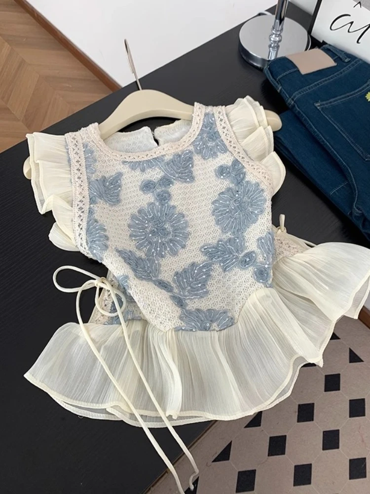 

French Design Blouses Flower Embroidery Ruffles Patchwork Shirts Bandage Flying Sleeve Crop Tops Summer Sweet New Women Clothing