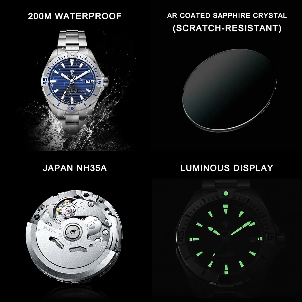 CADISEN Men Mechanical Wristwatch Japan NH35 Automatic Watch Men\'s Stainless Steel Sapphire 200M Waterproof Luminous Diver Clock