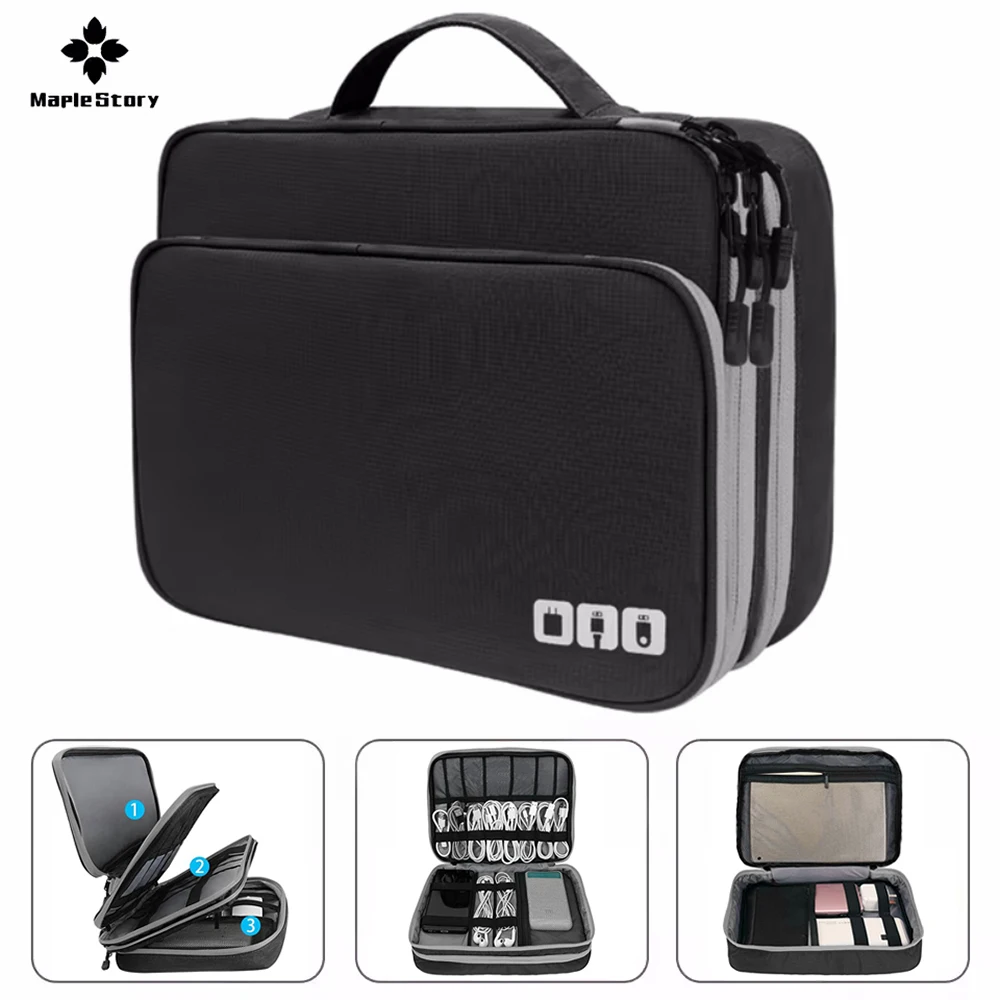 Bolsa de almacenamiento de cables multicapa, organizador de accesorios electrónicos portátiles, organizador de cables de cargador de línea de datos USB impermeable para viaje