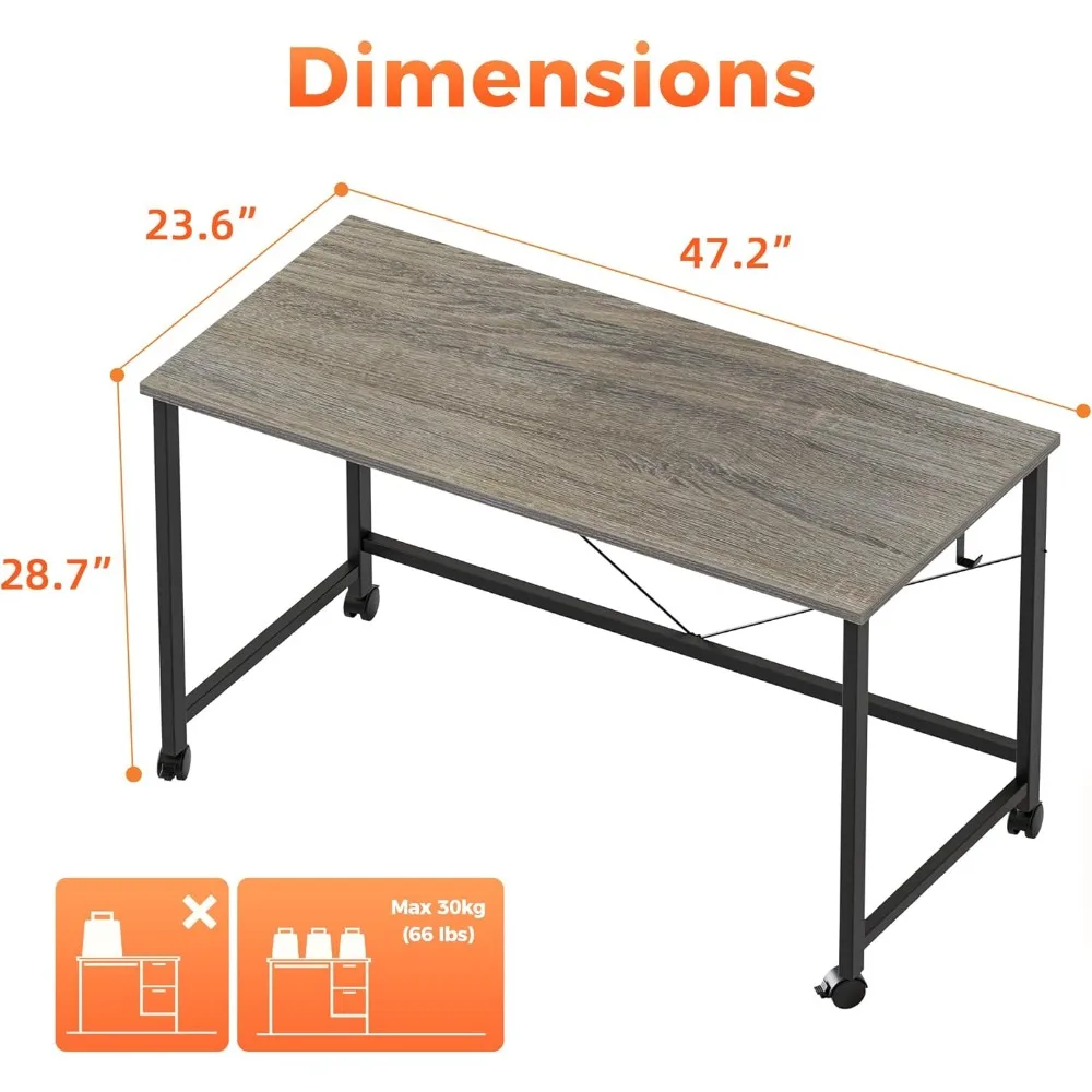 مكتب كمبيوتر للألعاب بعجلات، مكتب مدمج مقاس 48 × 24 للمساحات الصغيرة، طاولة دراسة للمكتب المنزلي على الطراز الحديث