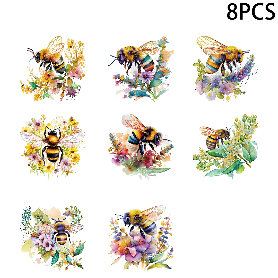 8 pezzi Bee on Flowers sublimazione UV DTF Cup Stickers, confezione di adesivi impermeabili per decorare tazze, tazze, forniture artistiche fai da te