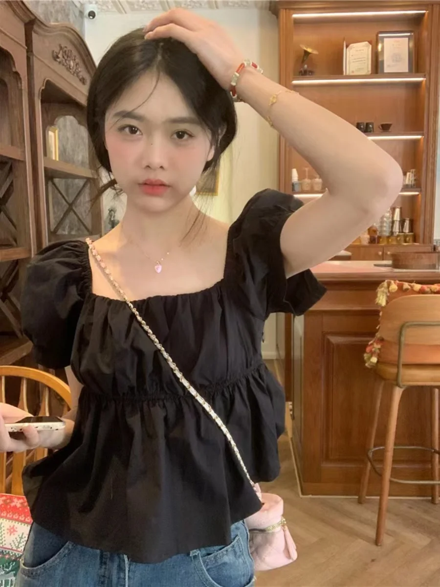 

Sweet Girl Bubble Sve ort irt Женский топ с квадратным воротником в Корейском стиле, летний новый дизайн, облегающий кружевной топ