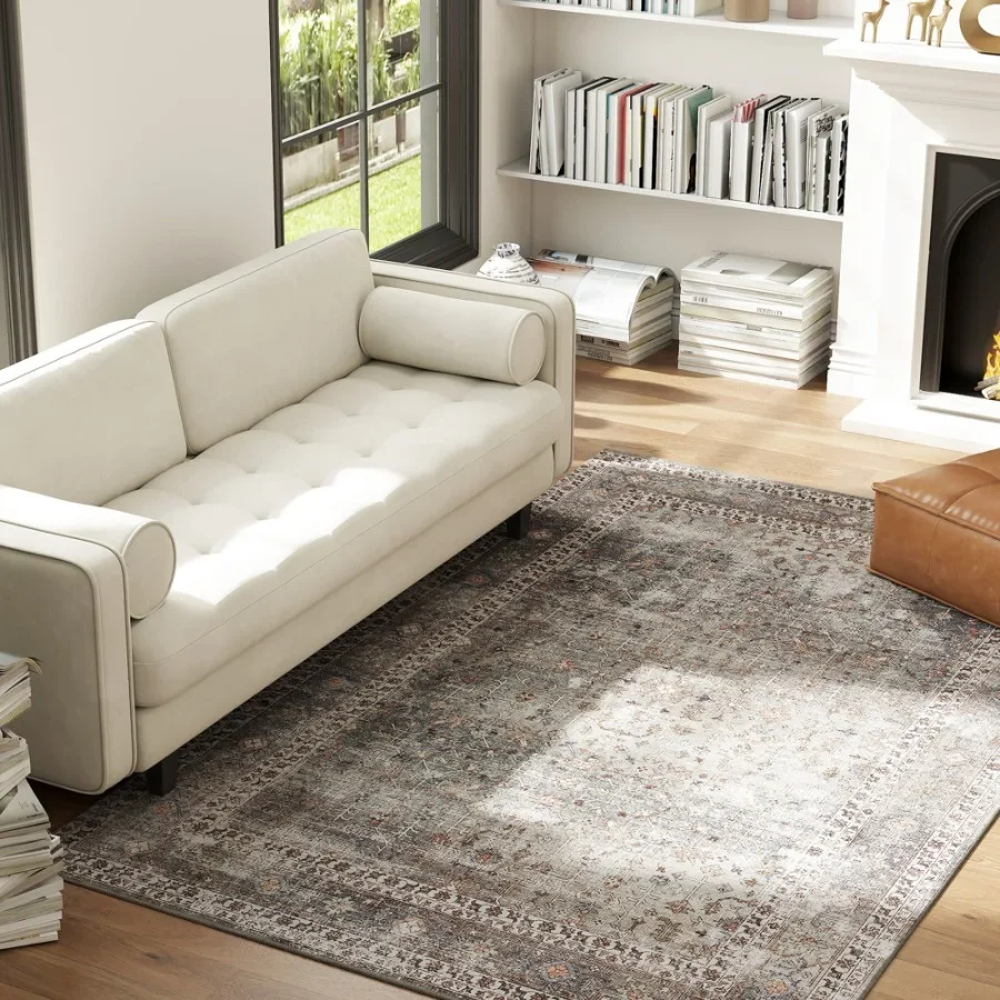 5'x7' Machine Washable Traditional Area Rug, Non-Slip Foldable Floor Rug for Living Room, Dark Mixed-Brown
