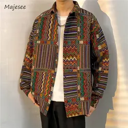 Retro Print Jackets Men Harajuku Cozy Autumn Long Sleeved Outwear Holiday Popular Korean Style Unisex Loose Males Clothes Street