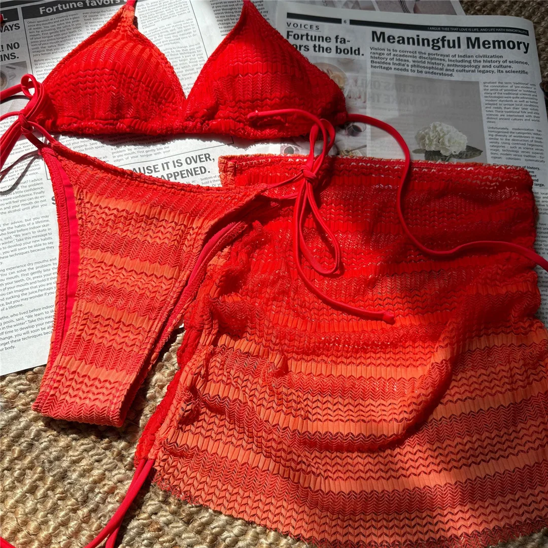 Rosa 3-teiliger Bikini mit Rock, Farbverlauf, Damen-Badebekleidung, Badeanzug, dreiteiliges Bikini-Set, gepolsterter Badeanzug, Badebekleidung, Schwimmbekleidung V6696 – Detail 16