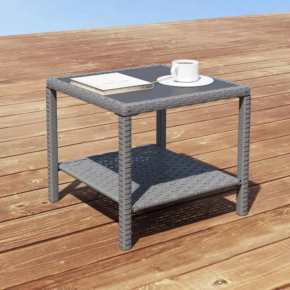 

Small Outdoor Coffee Side End Table For Outside Patio Storage, Gray All Weather Wicker With Glass Top, Square