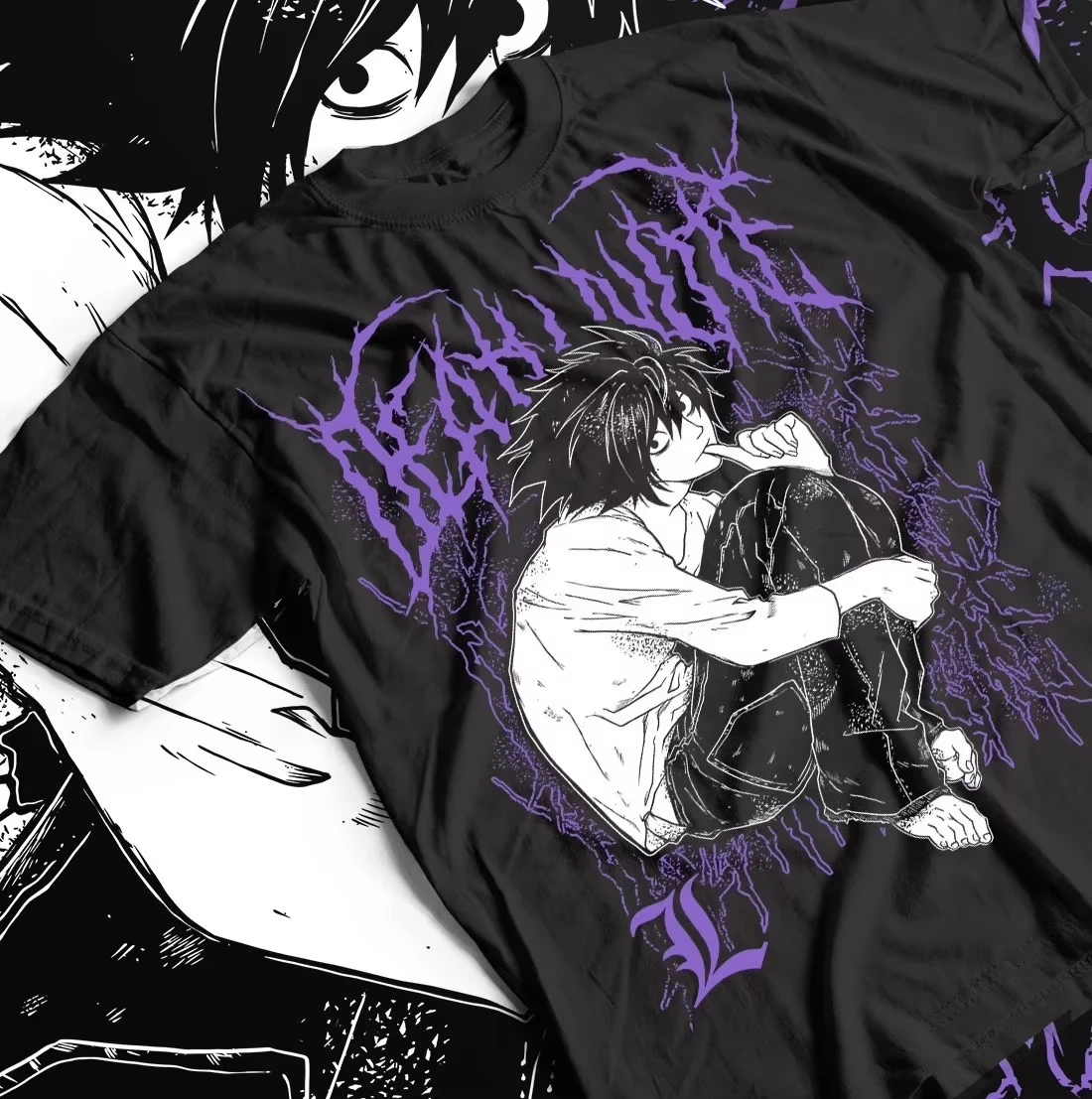 Retro Death Note L Tee Gothic Metal Anime Print T‑Shirt Vintage Unisex Loose Short Sleeve Otaku Oversized Cotton Streetwear Tops