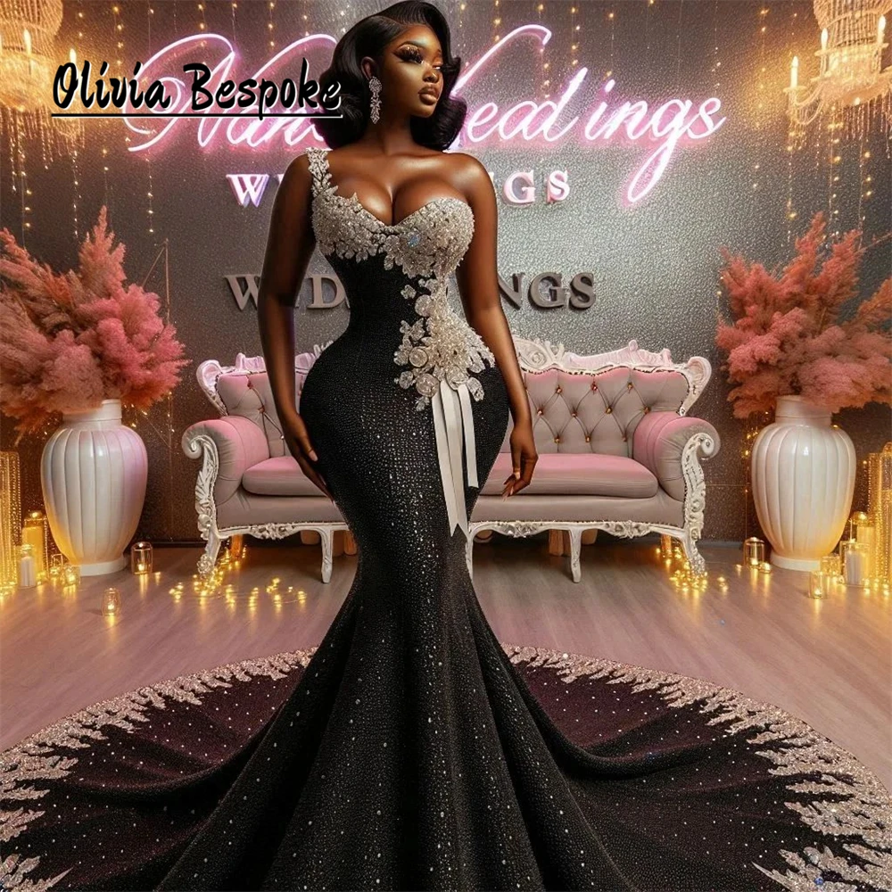 

African Black Aso Ebi Evening Dresses 2025 Luxury One Shoulder Silvery Applique Crystal Mermaid Formal Occasion Gowns Customized