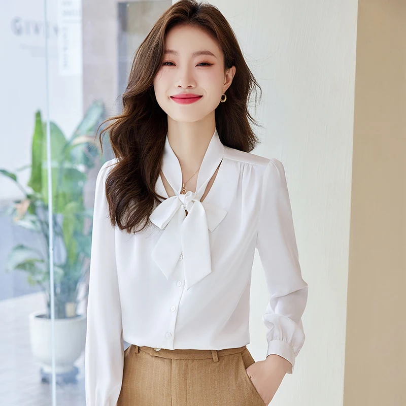 NAVIU Gray Bow Tie Shirt Women New 2023 Autumn Temperament V Neck Formal Long Sleeve Blouses Office Ladies Work Tops Champagne