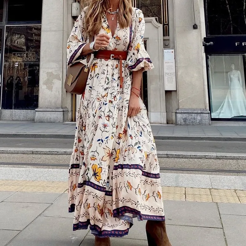 New Fashion Print Boho Long Dress Women's Autumn Winter Sexy V-neck Seven Quarter Sleeve Casual Comfortable Loose Elegant Dress