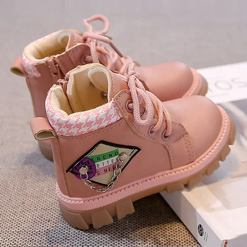 

Girls' Lace-Up Ankle Boots 2025 AW New Children's Leather Boots Baby Girl Fleece-Lined Princess Footwear
