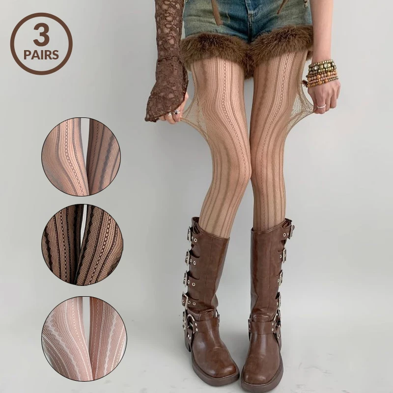 1/3 Paar Damen Sexy Spitzen-Netzstrumpfhose im Lolita-Stil mit Aushöhlungen, Seidenstrümpfe mit geometrischen Streifen