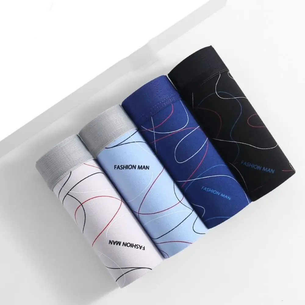 

4Pcs Stripe Letter Men's Flat Panties Mid Waist Large Size Sporty Boxers Shorts Seamless Underpants Men's Underwear Gifts